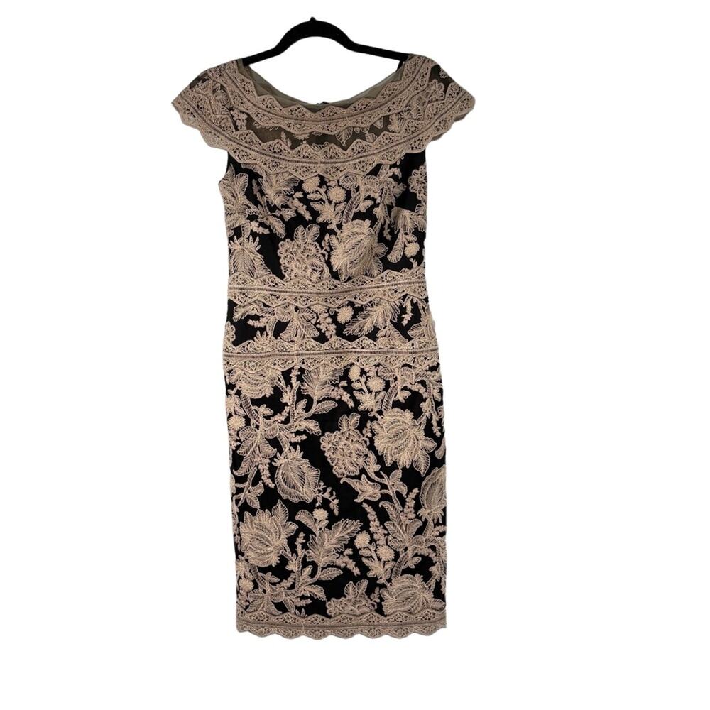 NWT Tadashi Shoji Corded Lace Cocktail Dress Ginseng Black‎ BRO20913M 4 Women’s